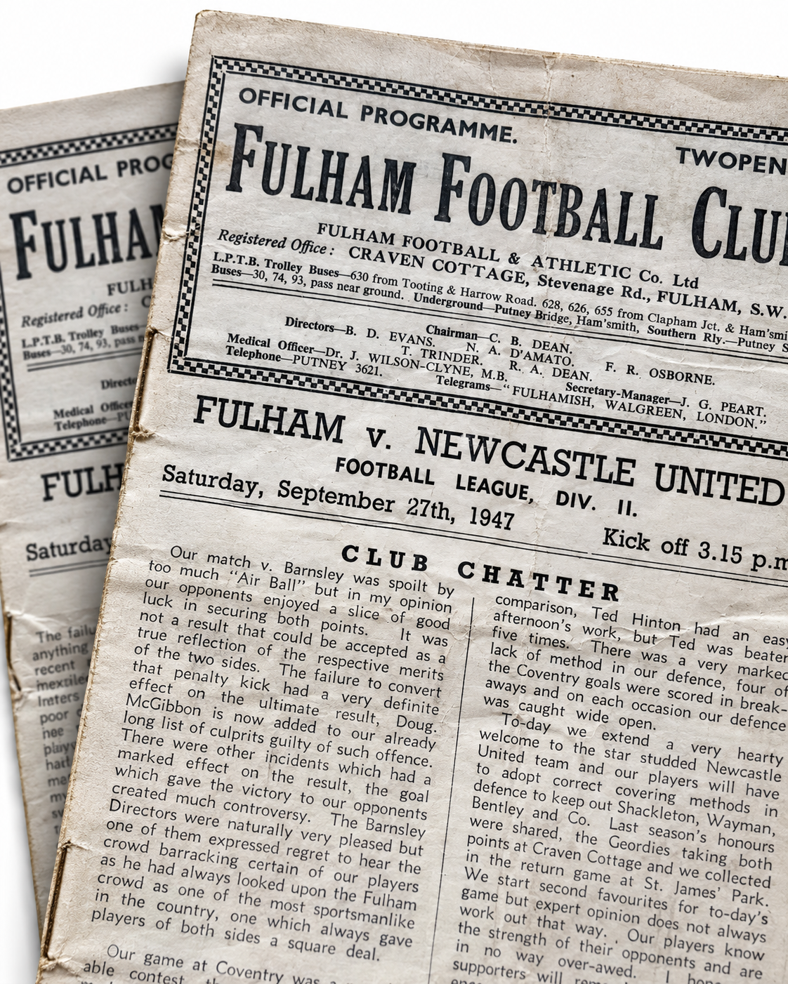 1947 Fulham v Newcastle United Football Programmes Set of 2
