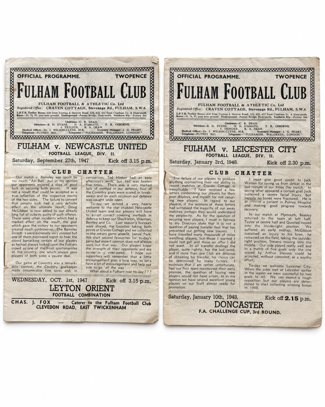1947 Fulham v Newcastle United Football Programmes Set of 2