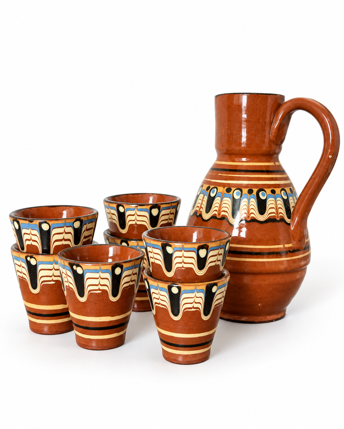 Vintage 50s Bulgarian Folk Jug & Set Of 6 Small Cups