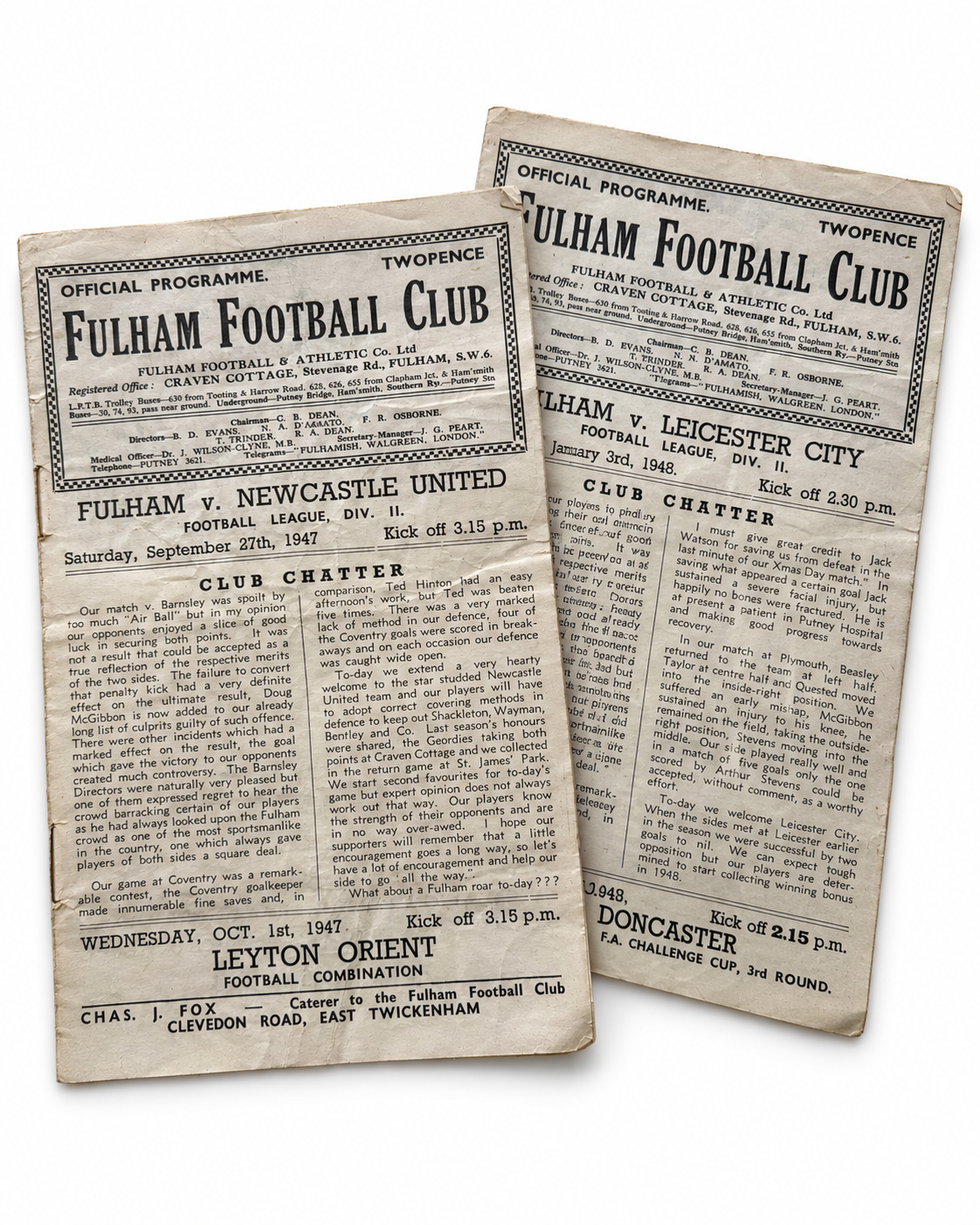 1947 Fulham v Newcastle United Football Programmes Set of 2