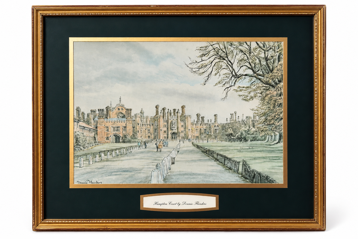 Vintage Hampton Court Palace Framed Artwork by Dennis Flanders