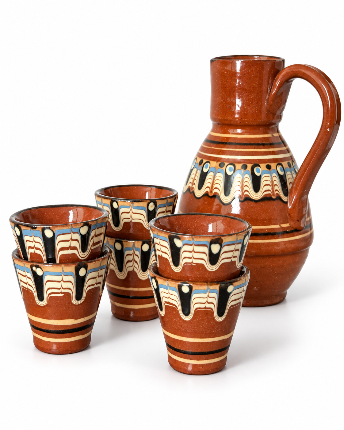Vintage 50s Bulgarian Folk Jug & Set Of 6 Small Cups