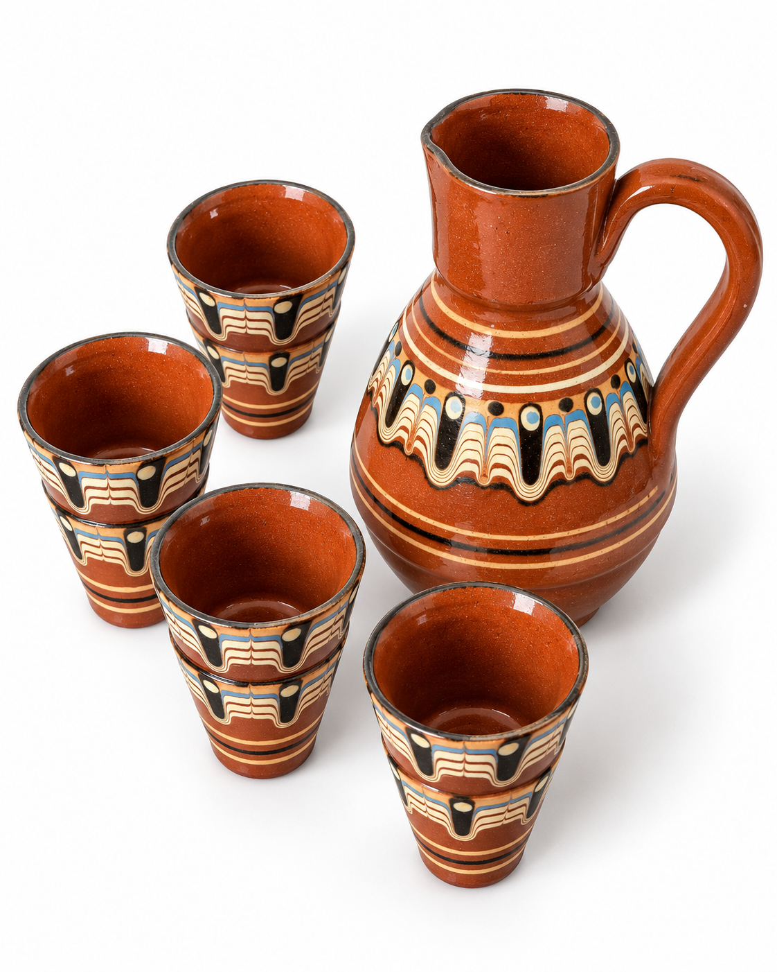 Vintage 50s Bulgarian Folk Jug & Set Of 6 Small Cups