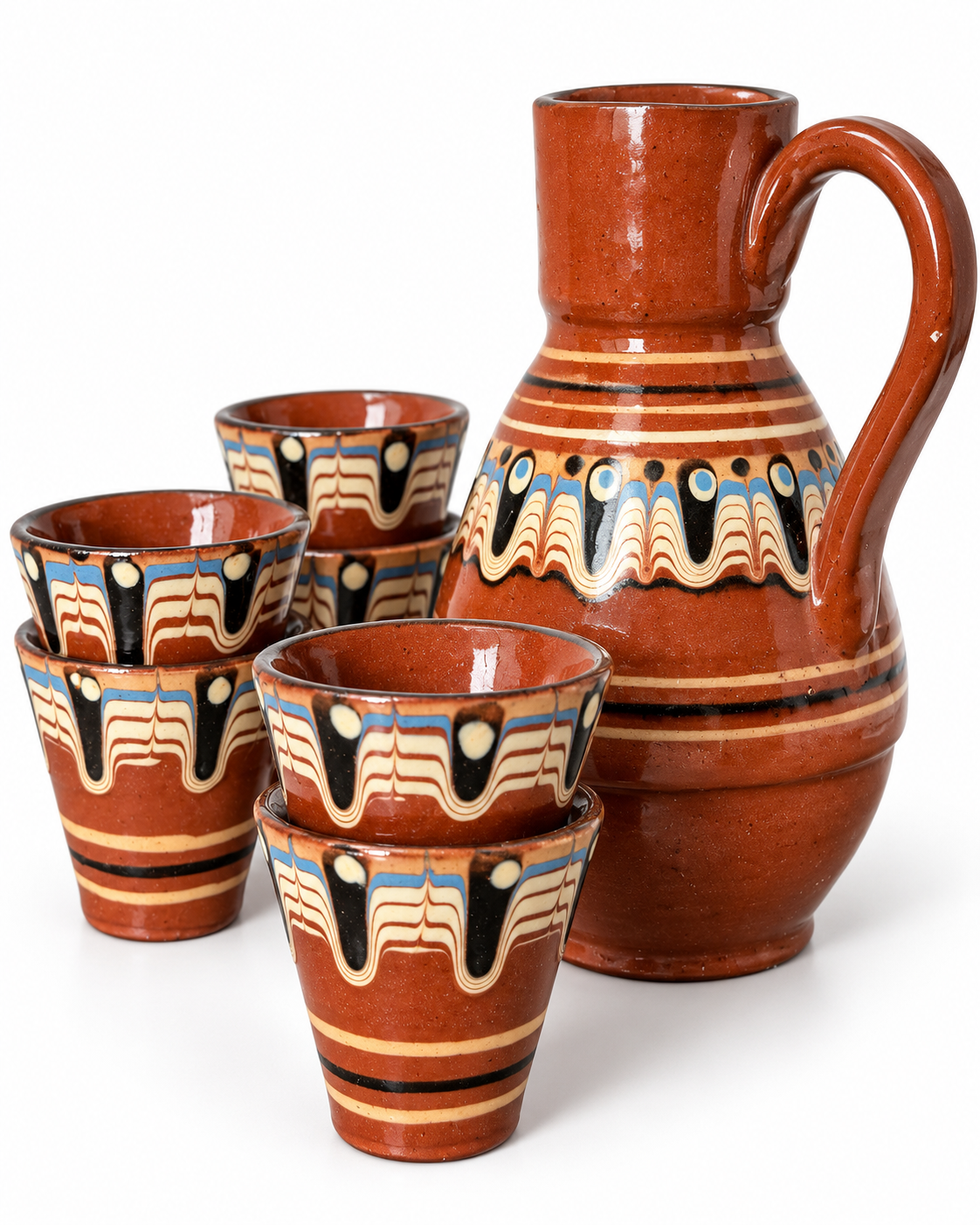 Vintage 50s Bulgarian Folk Jug & Set Of 6 Small Cups