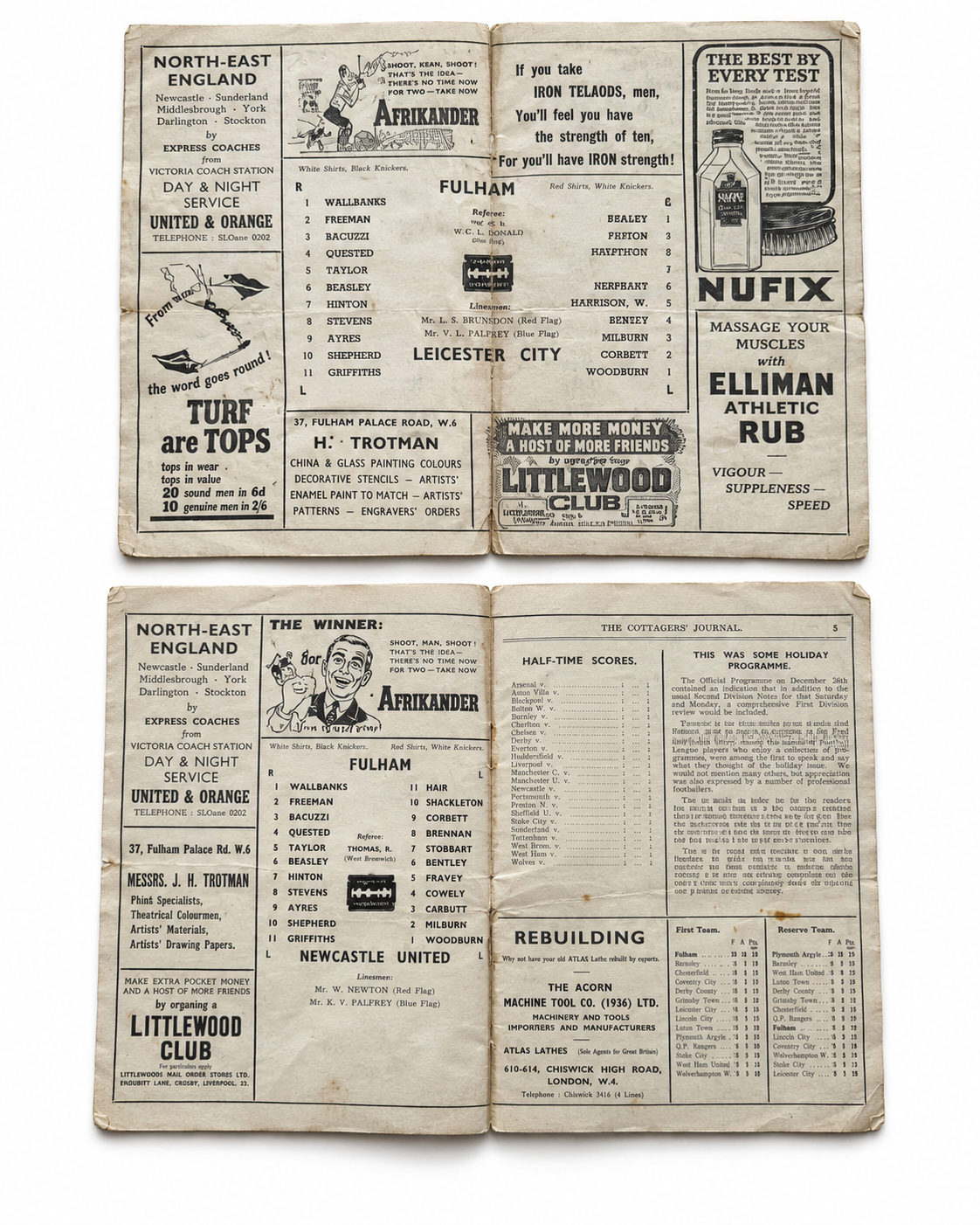 1947 Fulham v Newcastle United Football Programmes Set of 2