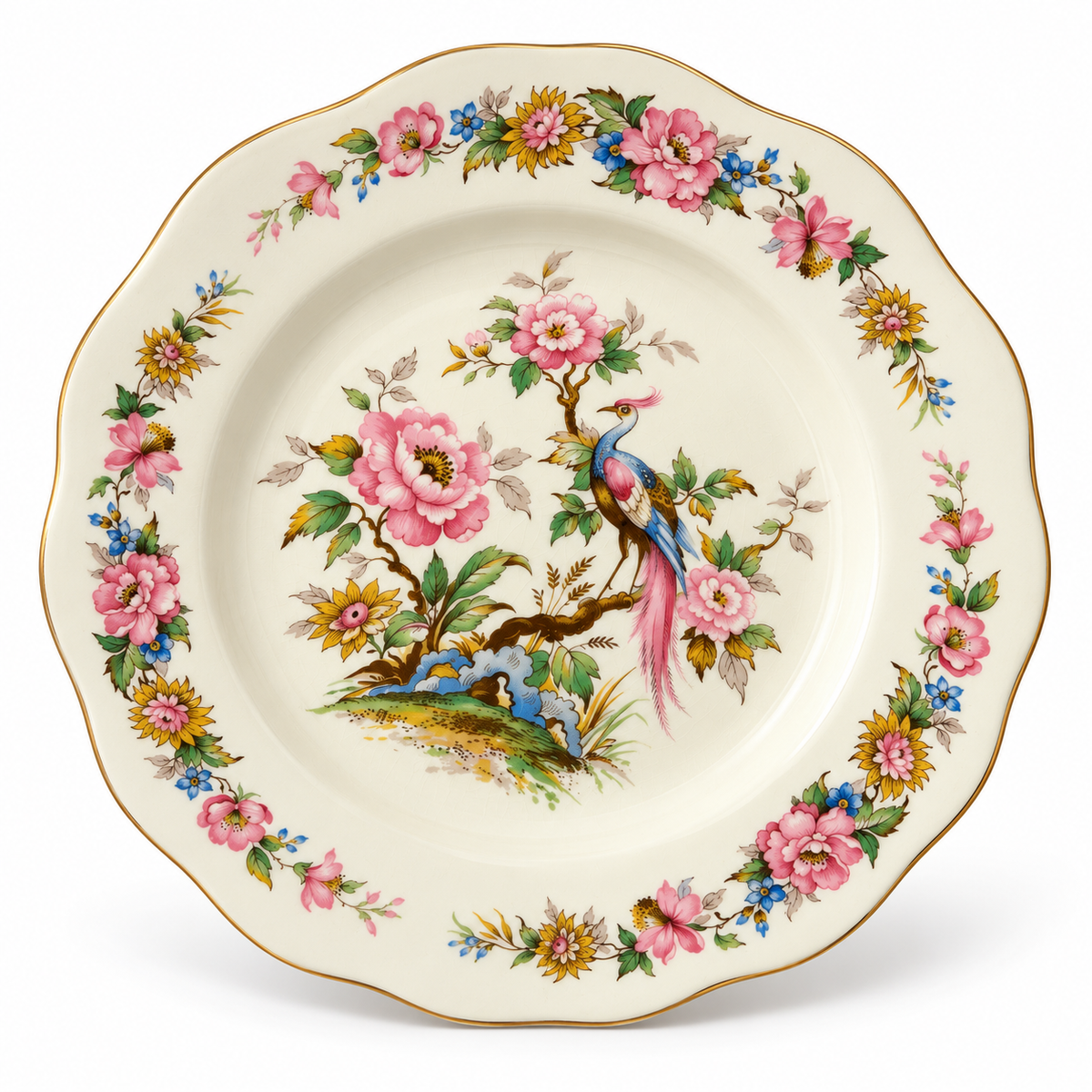 Vintage Hand-Painted Floral & Bird Decorative Plate